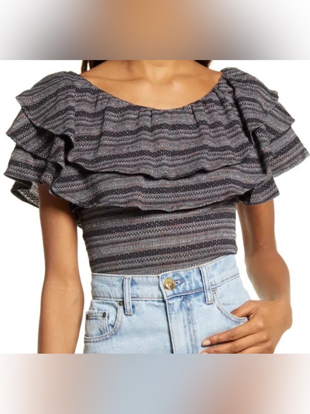 Free People Ruffle Heirloom Boho Whimsigoth Goth Witchy Preppy Striped Blouse L
